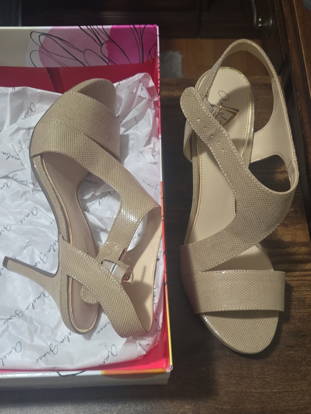 New Amelia Grace Women's Nude Beige Slingback Heeled Sandals